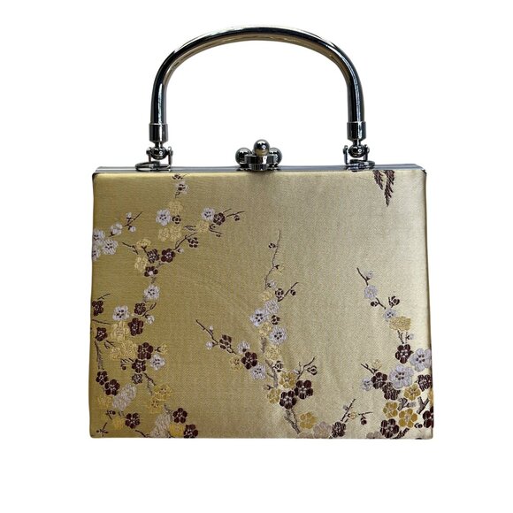 Gold Floral Brocade With Silver Metallic Handle & Clasp Closure Handbag Size S - Picture 1 of 11